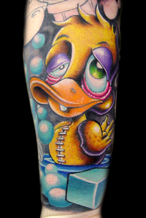 Josh Woods - ugly duckling and bar of soap with bubbles tattoo